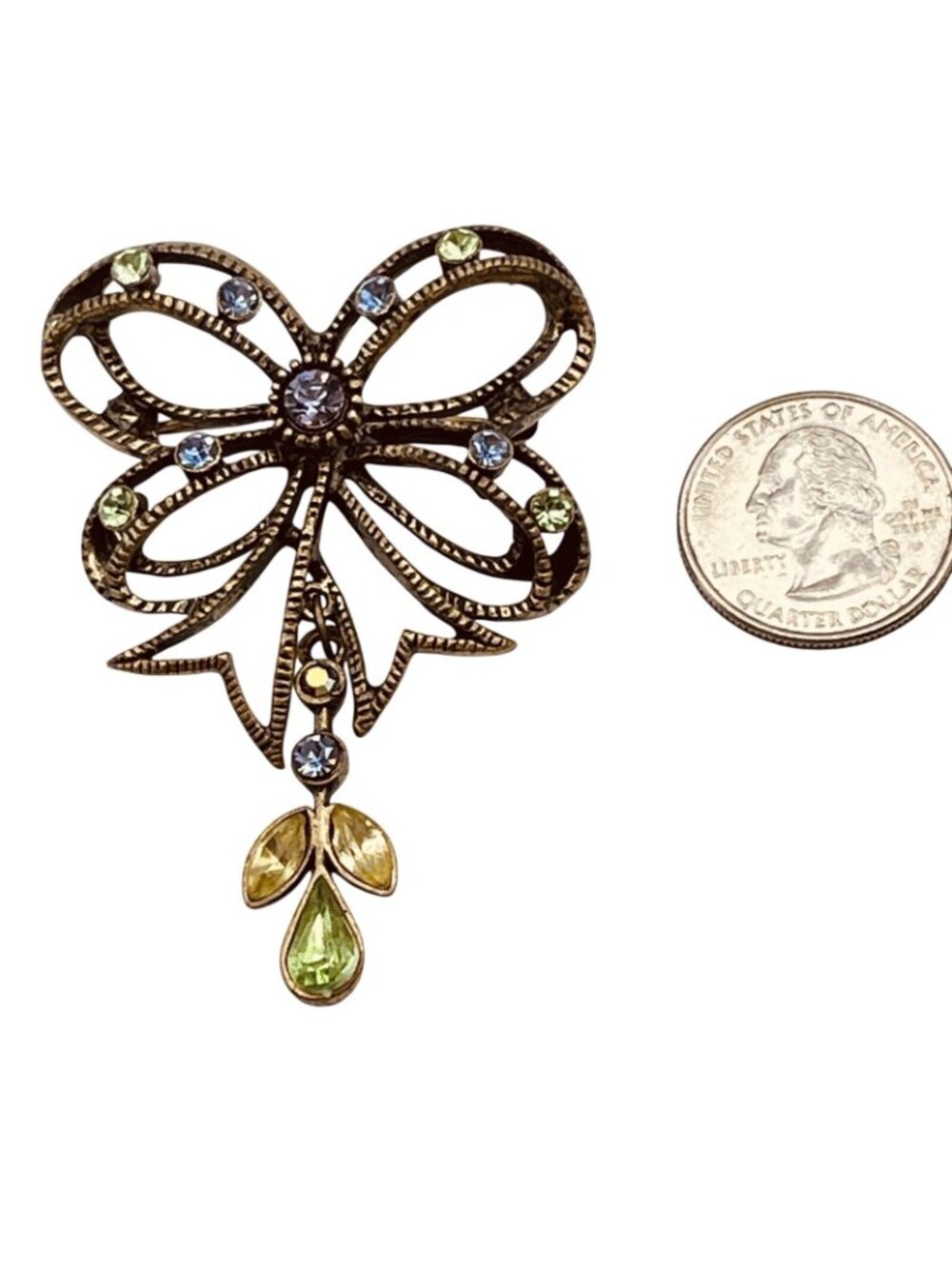 Vintage BOHO Bow Brooch Spring Green Purple Crystal Angel Fairy Whimsygoth 1960s - Picture 8 of 11